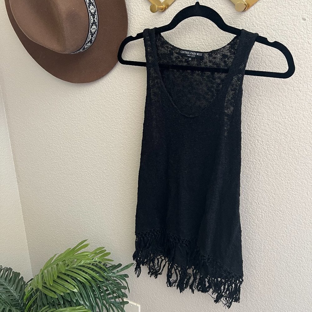 Central Park West Black Fringe Knit Sleeveless Sweater Tank Top Boho Festival